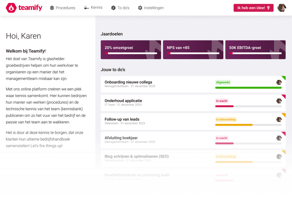 Teamify procedurebord met een bedrijfshandboek bestaande uit werkinstructies