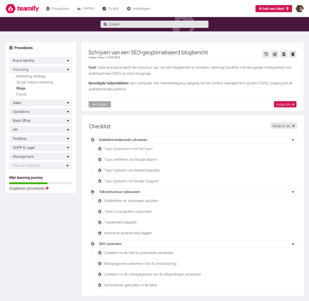 Teamify procedurebord met checklists