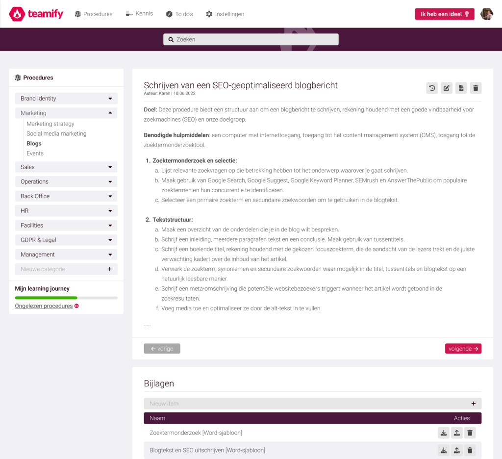 Teamify procedurebord met een bedrijfshandboek bestaande uit werkinstructies